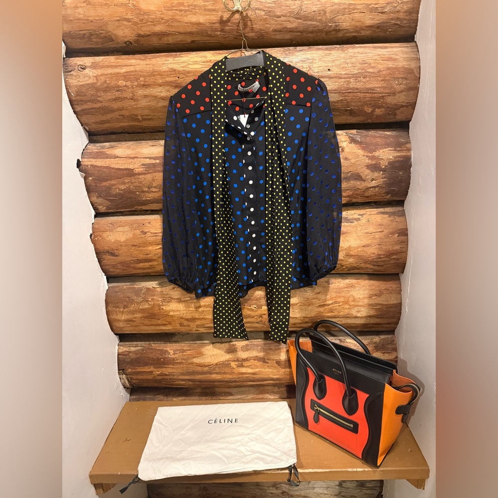 😍NWT S Alice & Olivia Silk Blouse in Black & Blue w/Yellow Dot Scarf